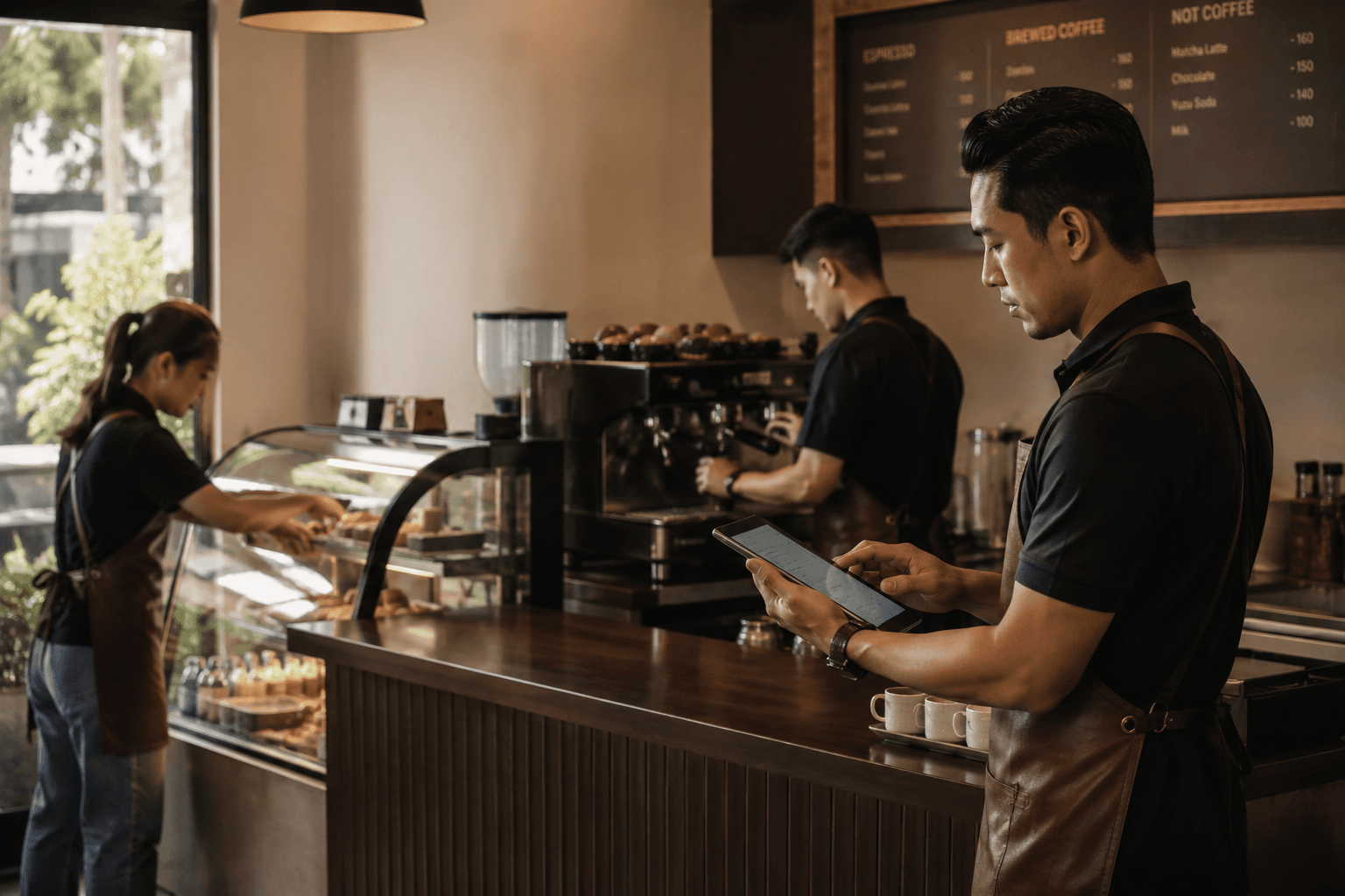 A café team reviewing daily operations